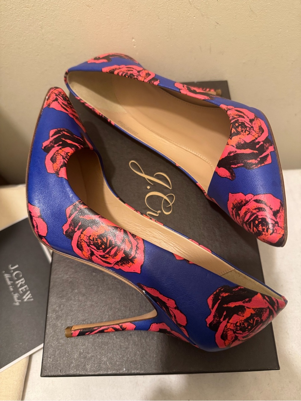J.Crew Roxie Painted Leather Pumps Blue Rose Floral Size 8 Original Box & Bag